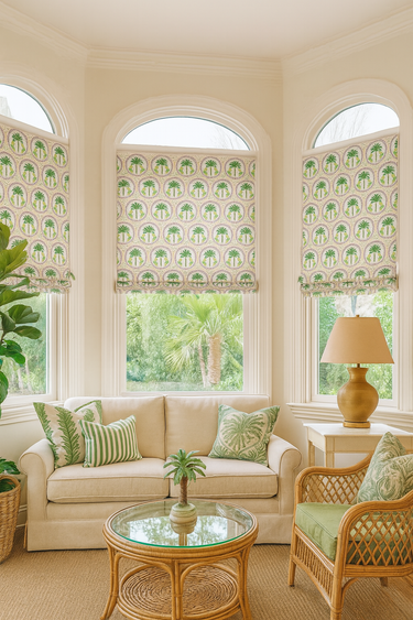 Roman blinds in bay windows made with tropical palm tree mosaic fabric